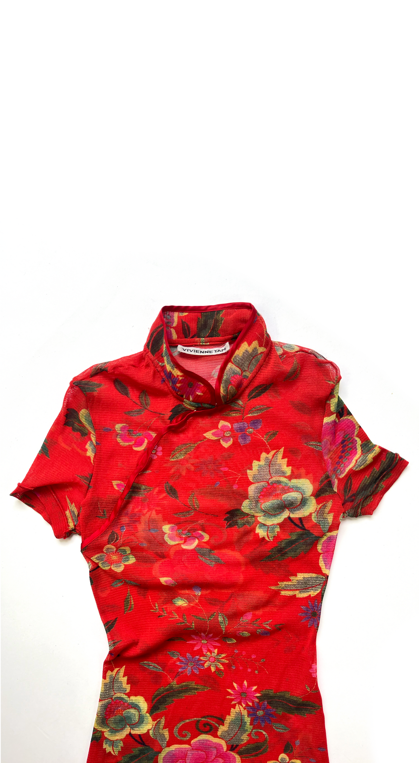 Vivienne Tam ~ 1990s Long Red Floral Mesh Dress