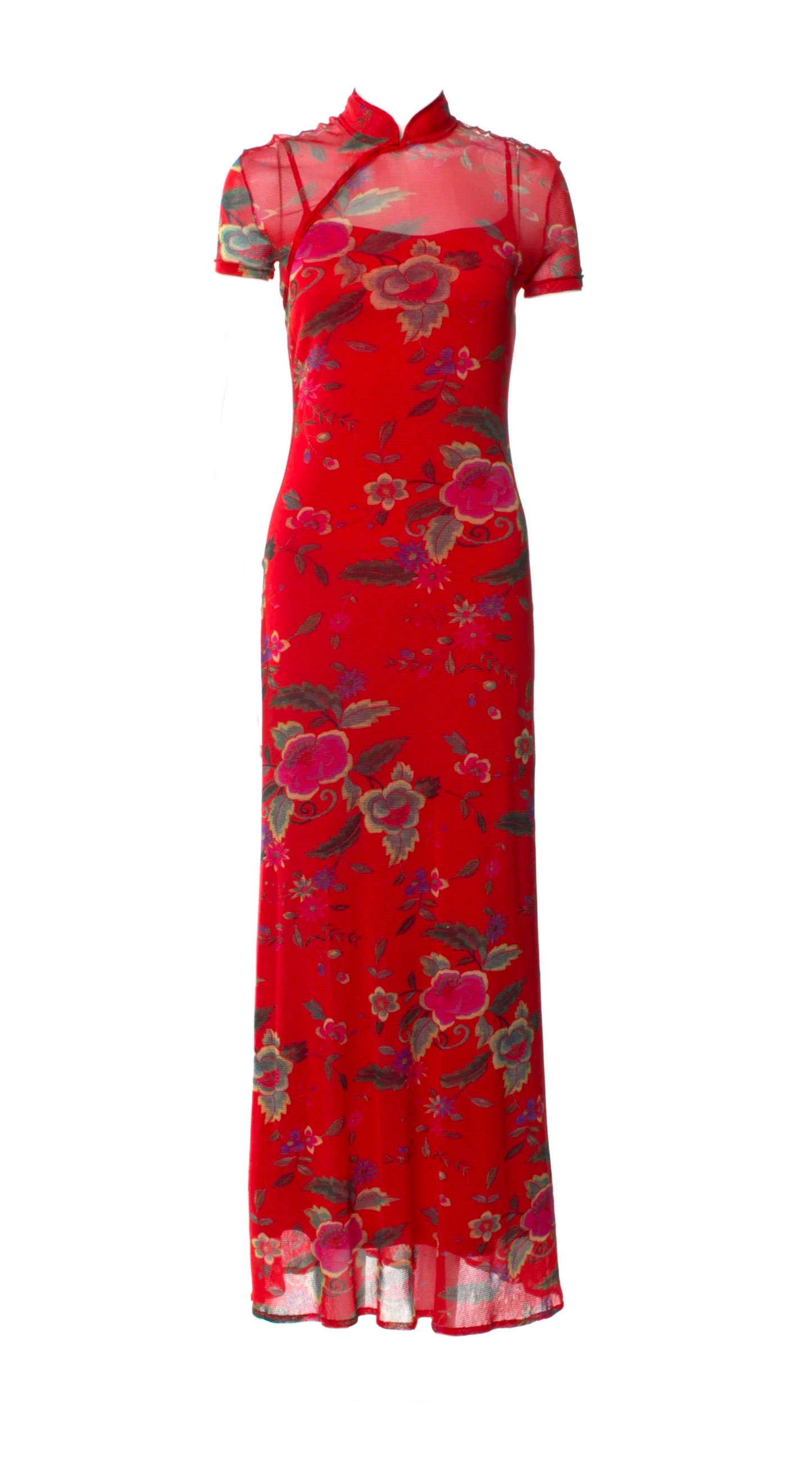 Vivienne Tam ~ 1990s Long Red Floral Mesh Dress