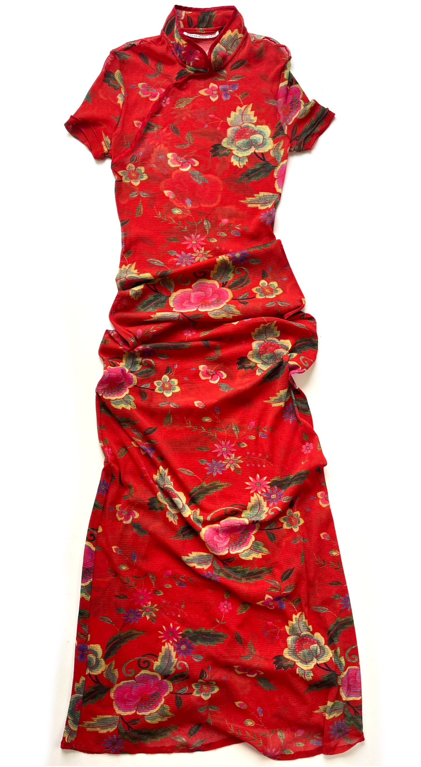 Vivienne Tam ~ 1990s Long Red Floral Mesh Dress