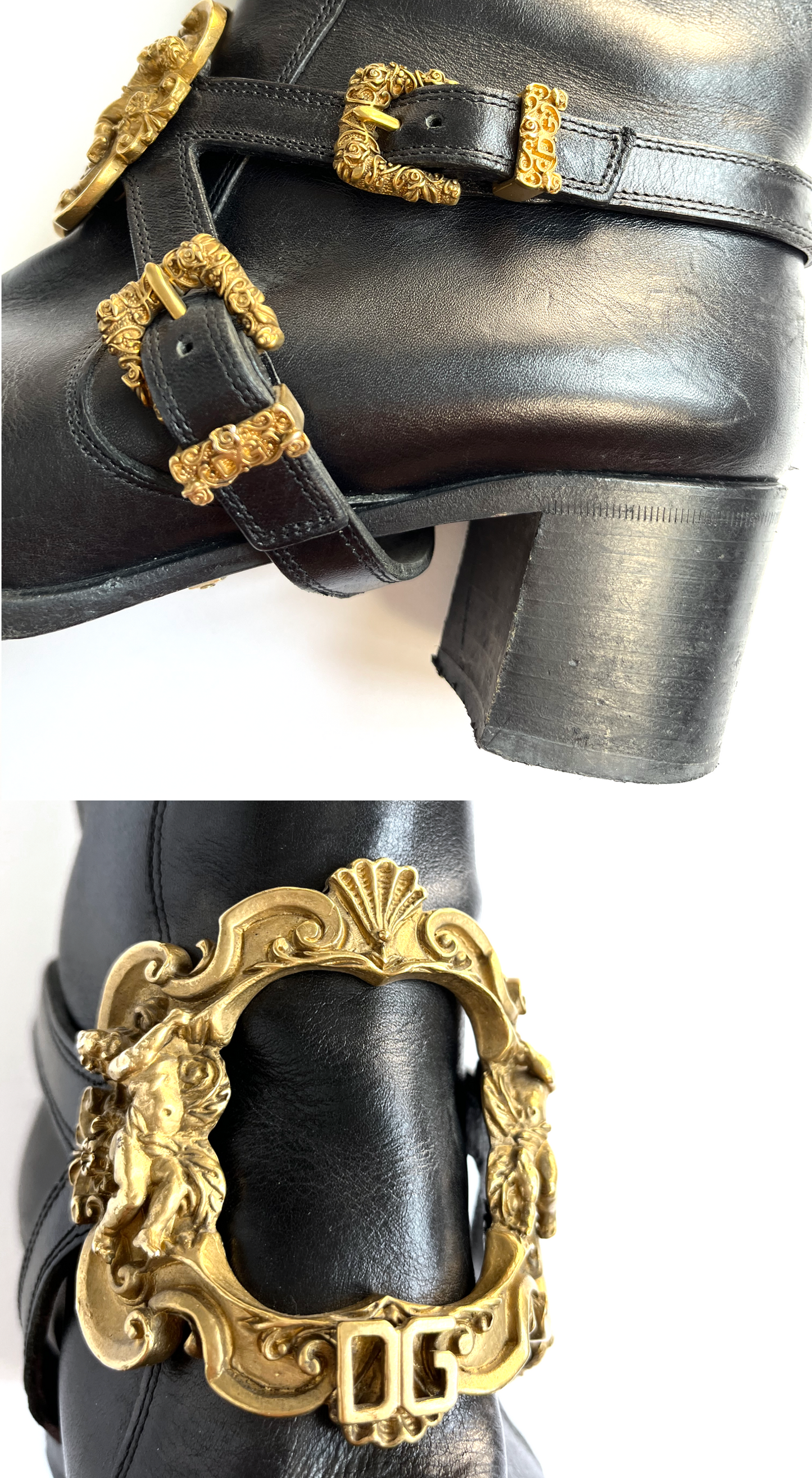 Dolce & Gabbana ~ Runway F/W 2006 Black Leather Boots With Gold Baroque Buckle