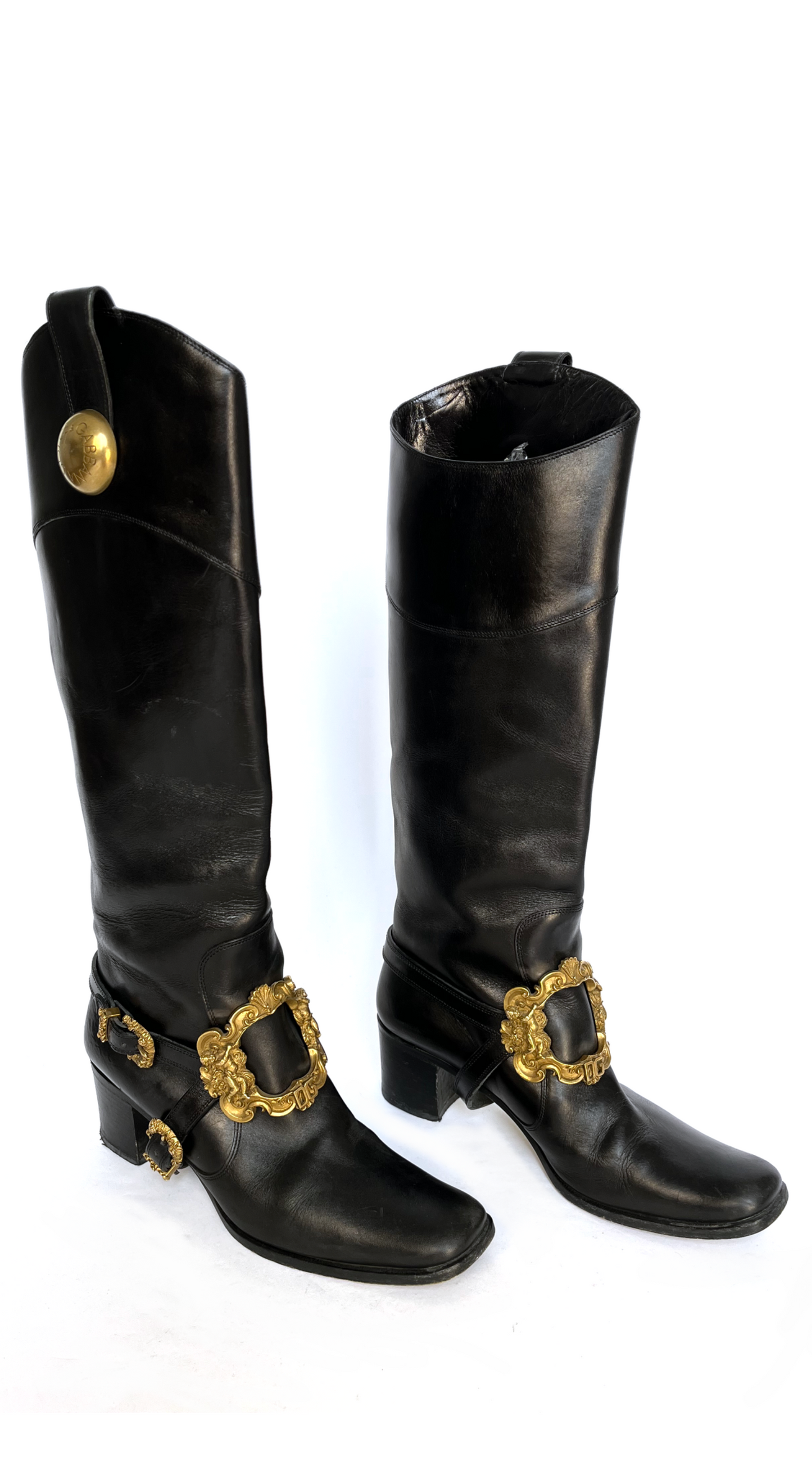 Dolce & Gabbana ~ Runway F/W 2006 Black Leather Boots With Gold Baroque Buckle
