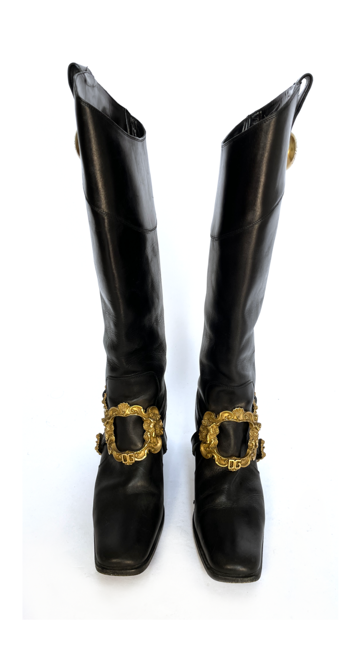 Dolce & Gabbana ~ Runway F/W 2006 Black Leather Boots With Gold Baroque Buckle