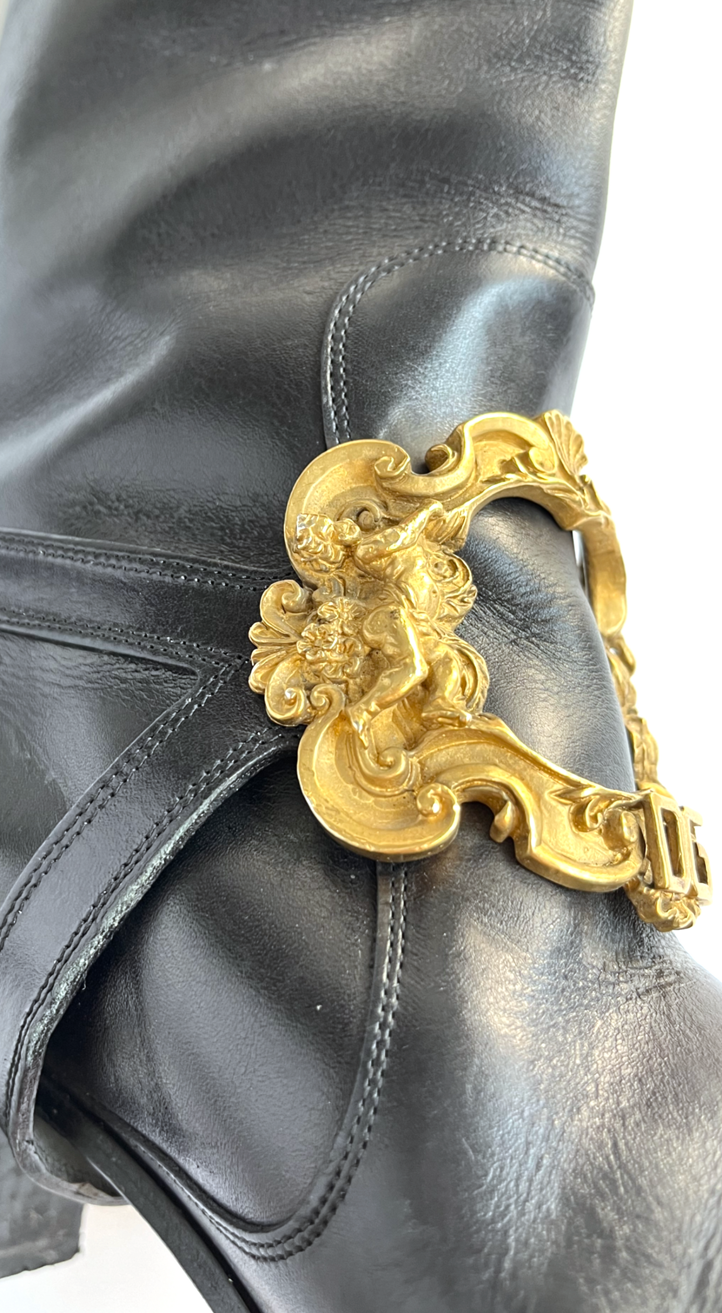 Dolce & Gabbana ~ Runway F/W 2006 Black Leather Boots With Gold Baroque Buckle