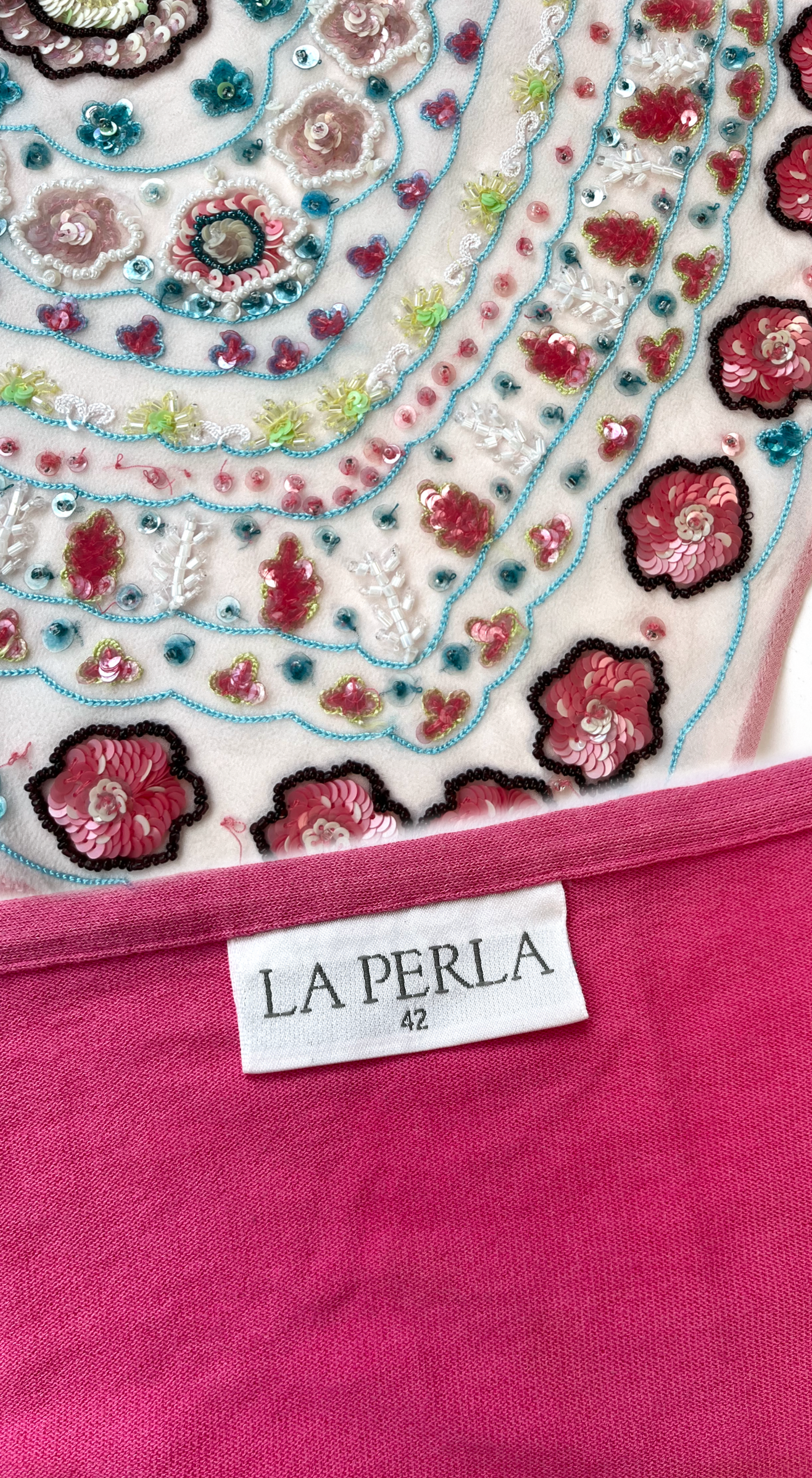 La Perla ~ Vintage 2000s Pink Beaded Skirt & Bikini Top