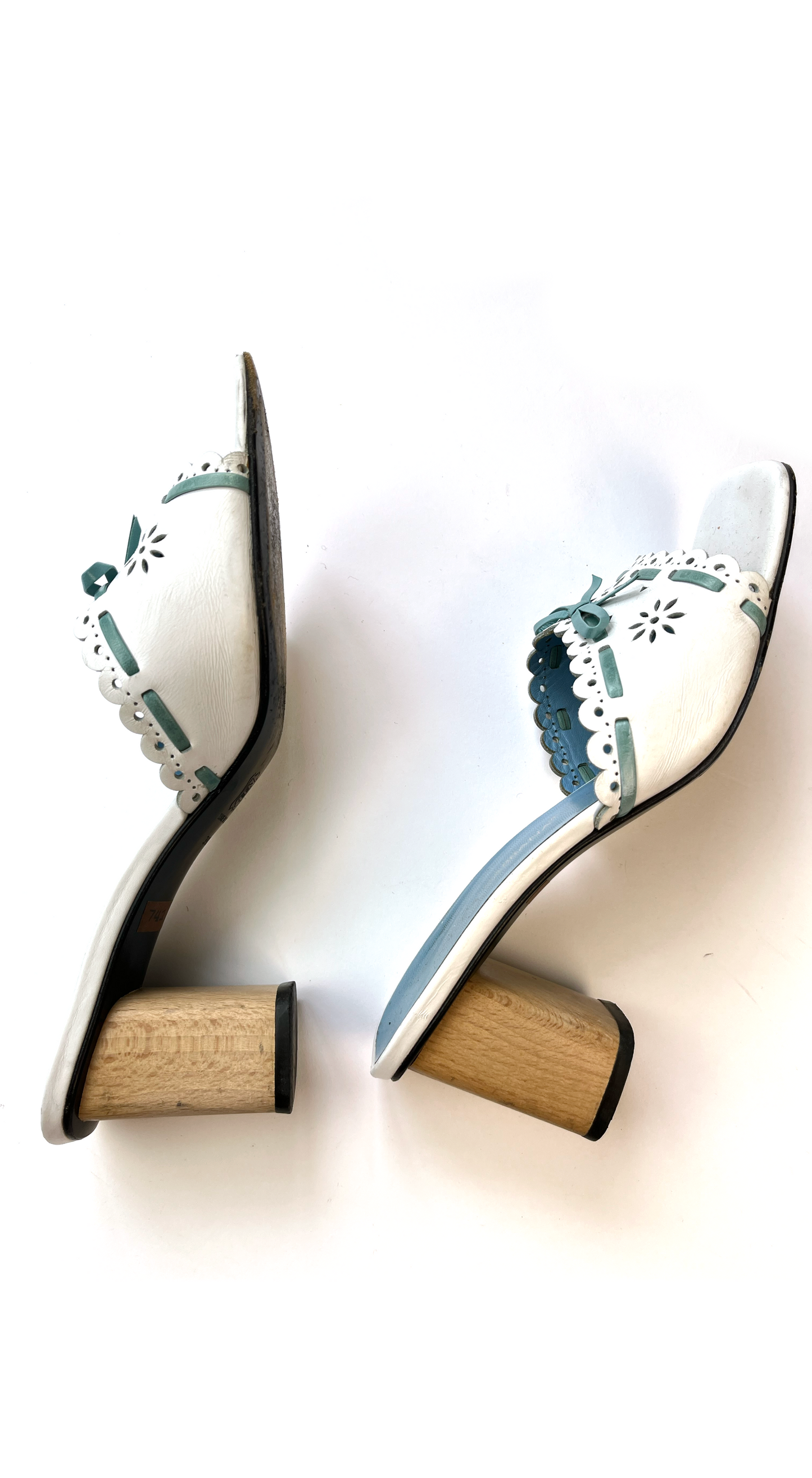 Dolce & Gabbana 1990s White & Blue Floral Eyelet Sandal Heels