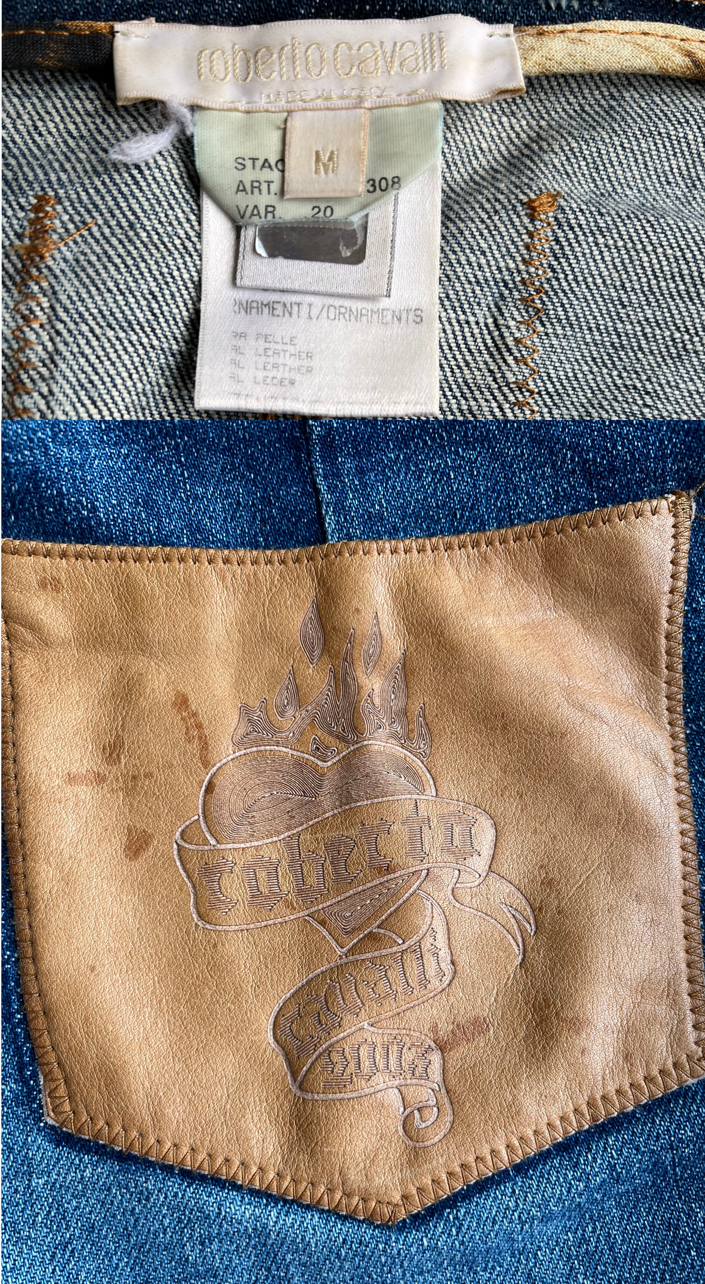 Roberto Cavalli ~ 2003 Tattoo Collection Midi Denim Skirt With Leather Pockets