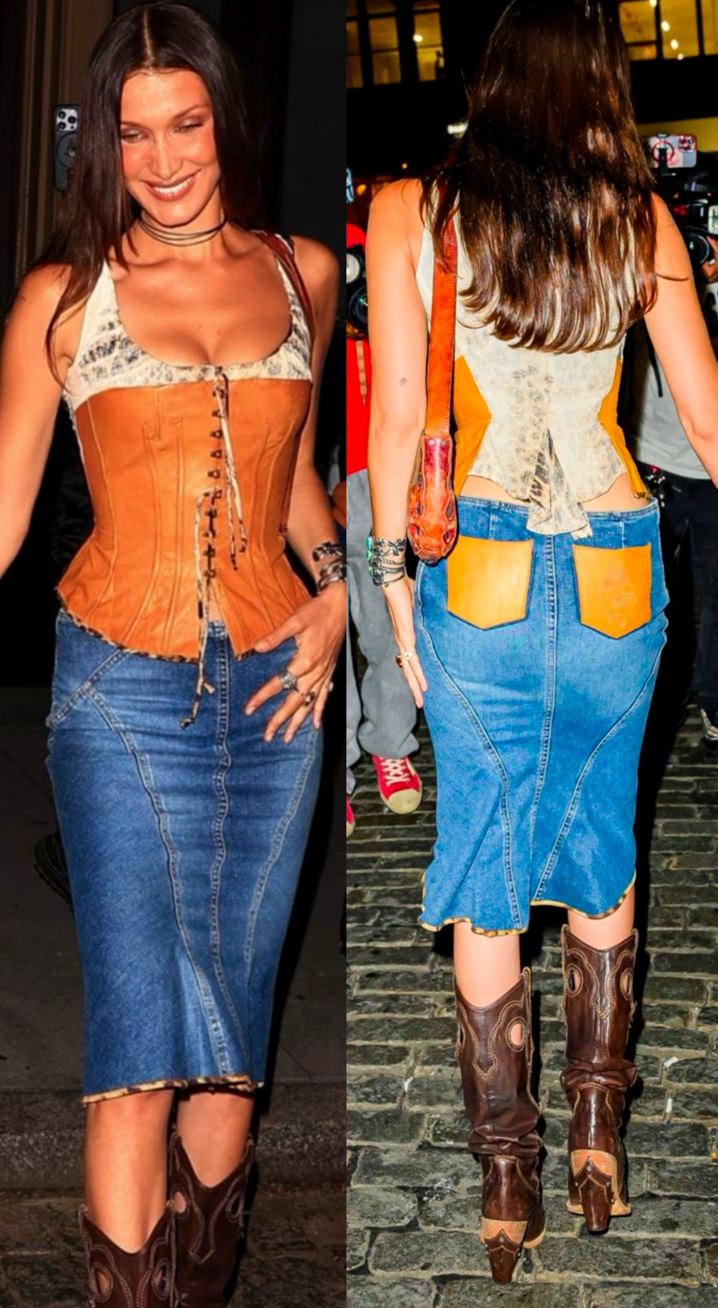 Roberto Cavalli ~ 2003 Tattoo Collection Midi Denim Skirt With Leather Pockets