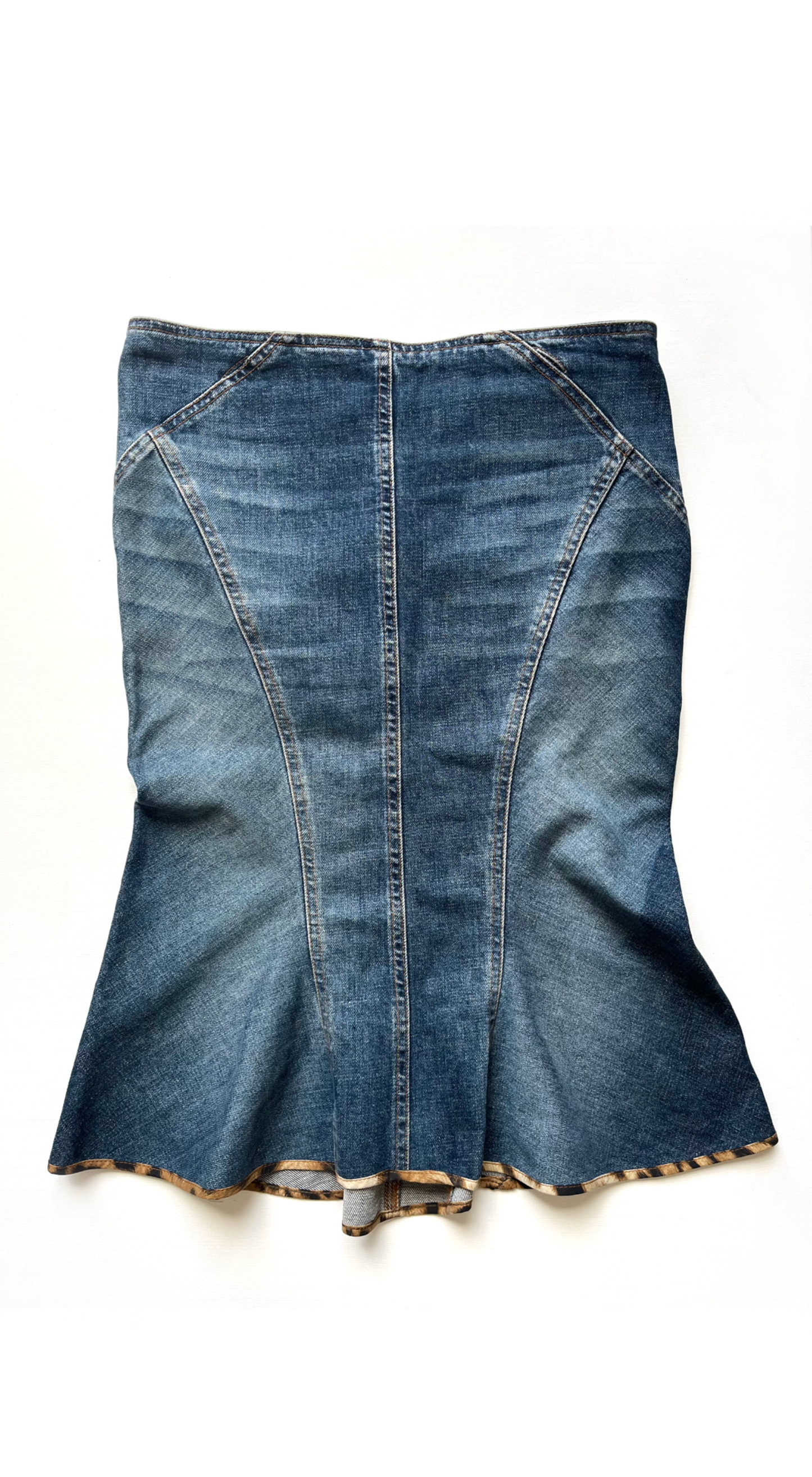 Roberto Cavalli ~ 2003 Tattoo Collection Midi Denim Skirt With Leather Pockets