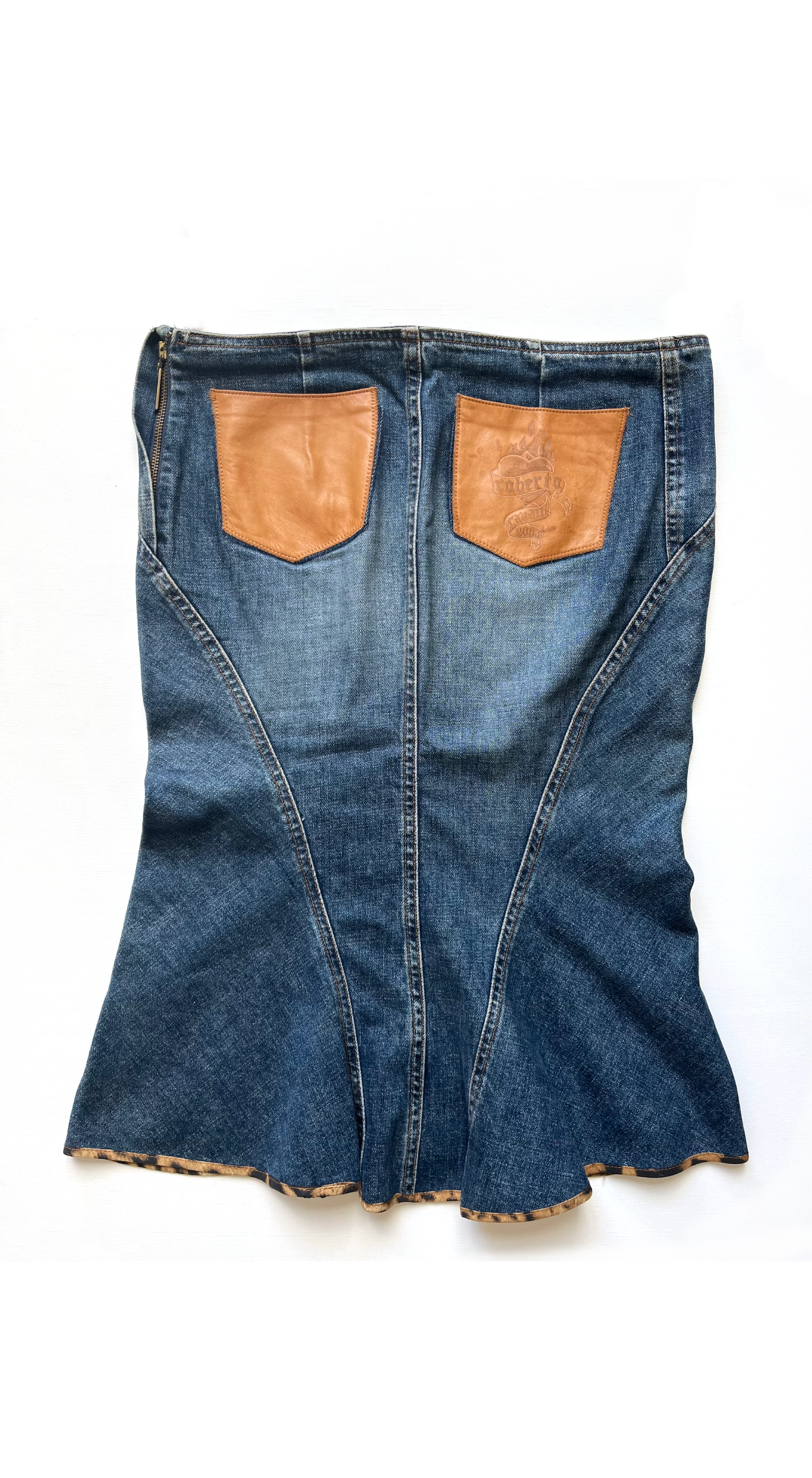 Roberto Cavalli ~ 2003 Tattoo Collection Midi Denim Skirt With Leather Pockets