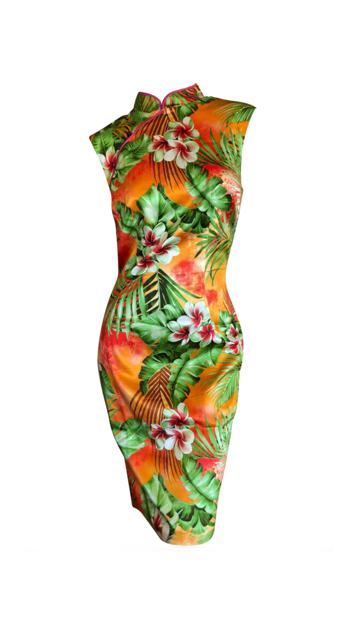 Dolce & Gabbana ~ 2000s Tropical Satin Cheongsam Dress