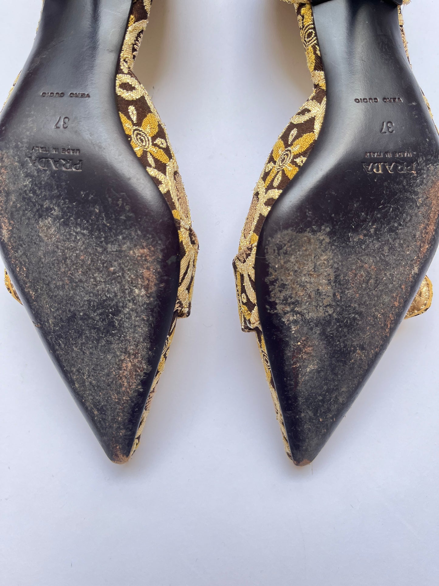 Prada ~ 2000s Baroque Gold Kitten Heels