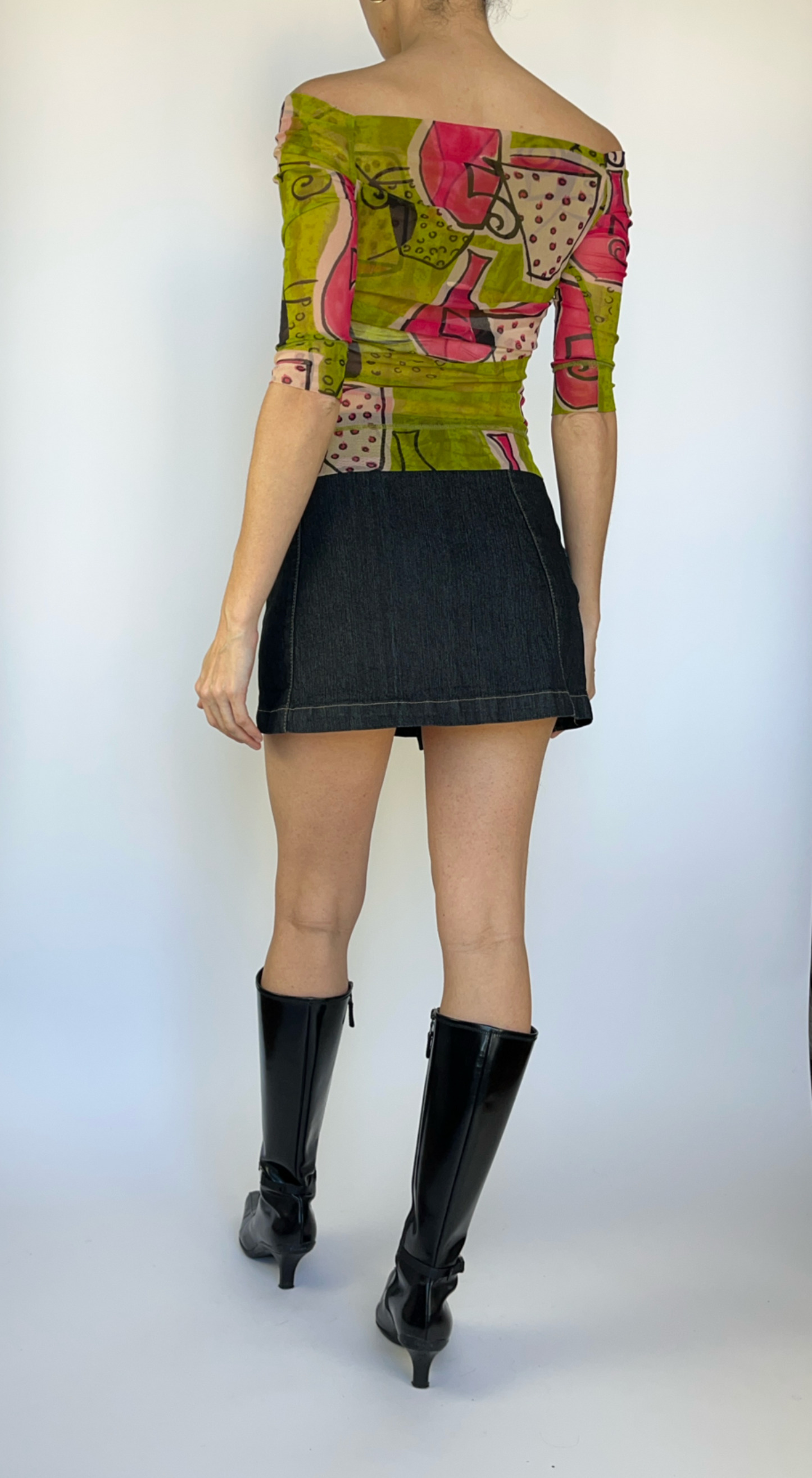 Plein Sud ~ Y2K Mesh Off-Shoulder Top with Abstract Graphic Print