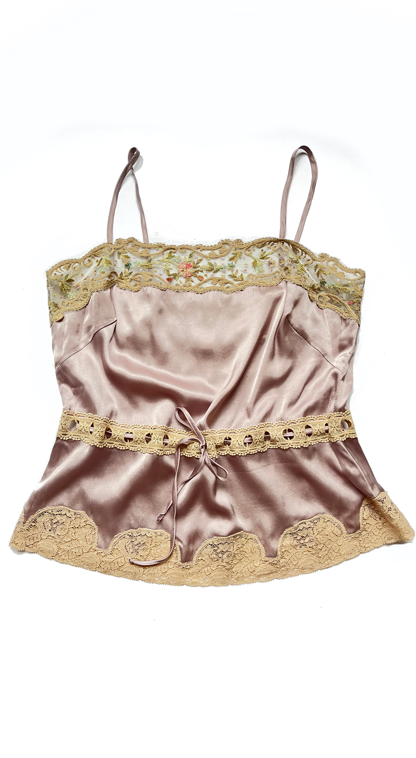 Blumarine ~ 2000s Silk Strap Top with Floral Lace Details