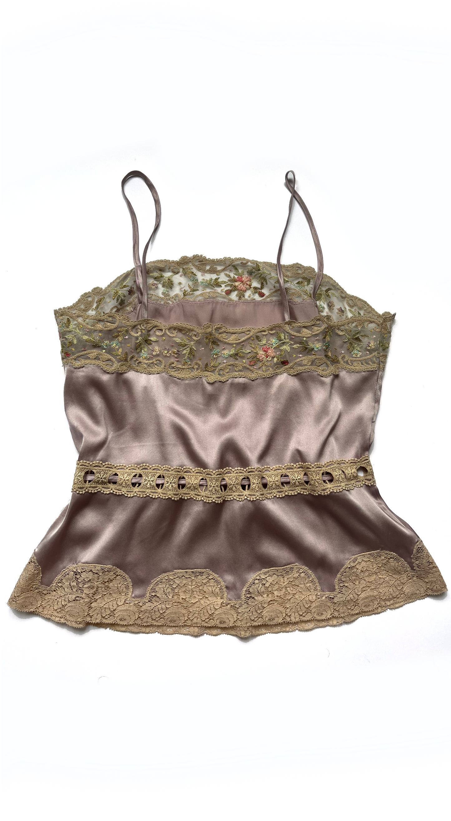 Blumarine ~ 2000s Silk Strap Top with Floral Lace Details