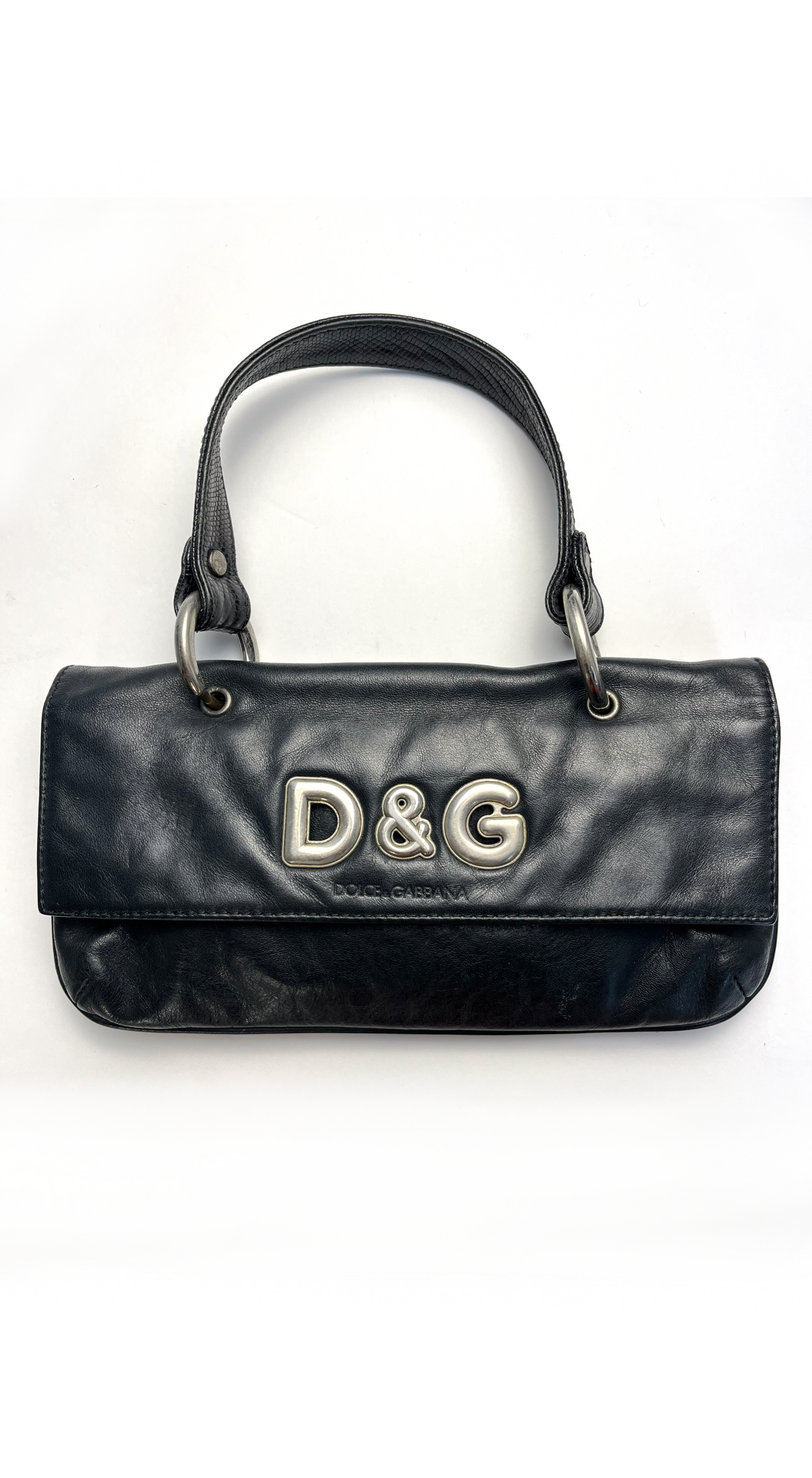 Dolce & Gabbana ~ 2000s Black Leather Handbag with Silver D&G Logo