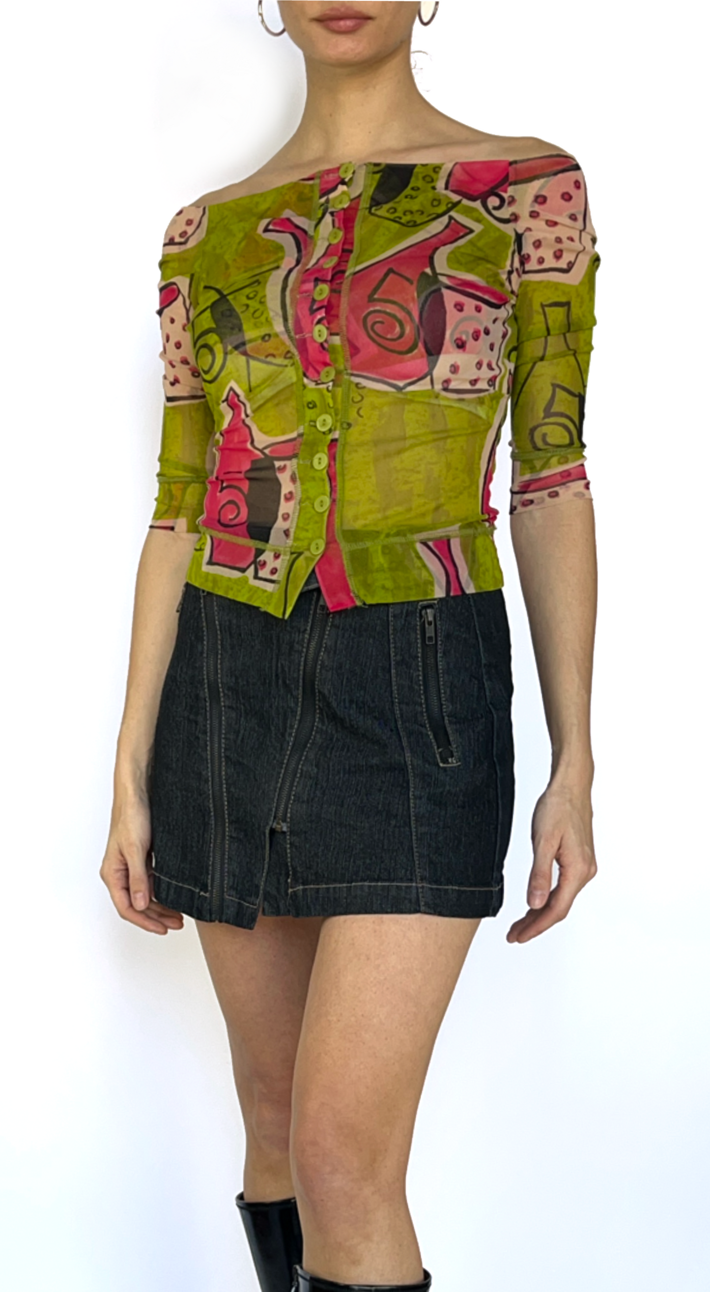 Plein Sud ~ Y2K Mesh Off-Shoulder Top with Abstract Graphic Print