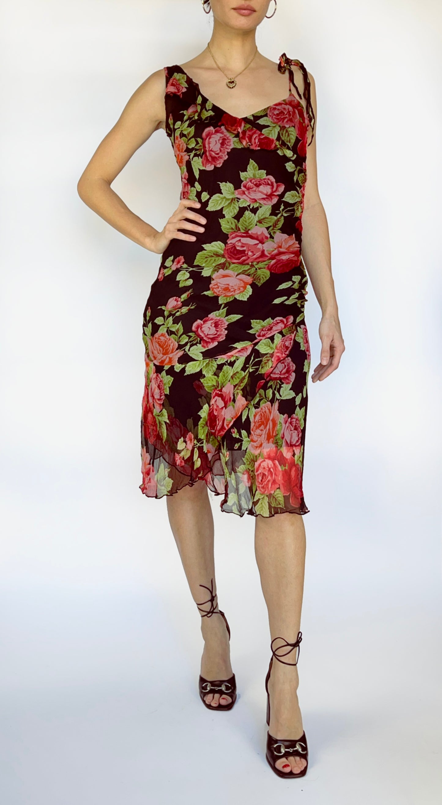 Italian Designer ~ Silk Rose Print Midi Dress