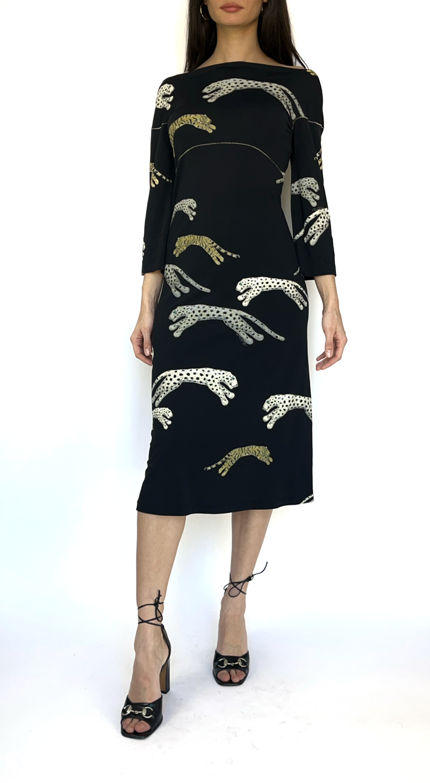 Roberto Cavalli ~ F/W 2002 Black Gold Tiger & Leopard Midi Dress