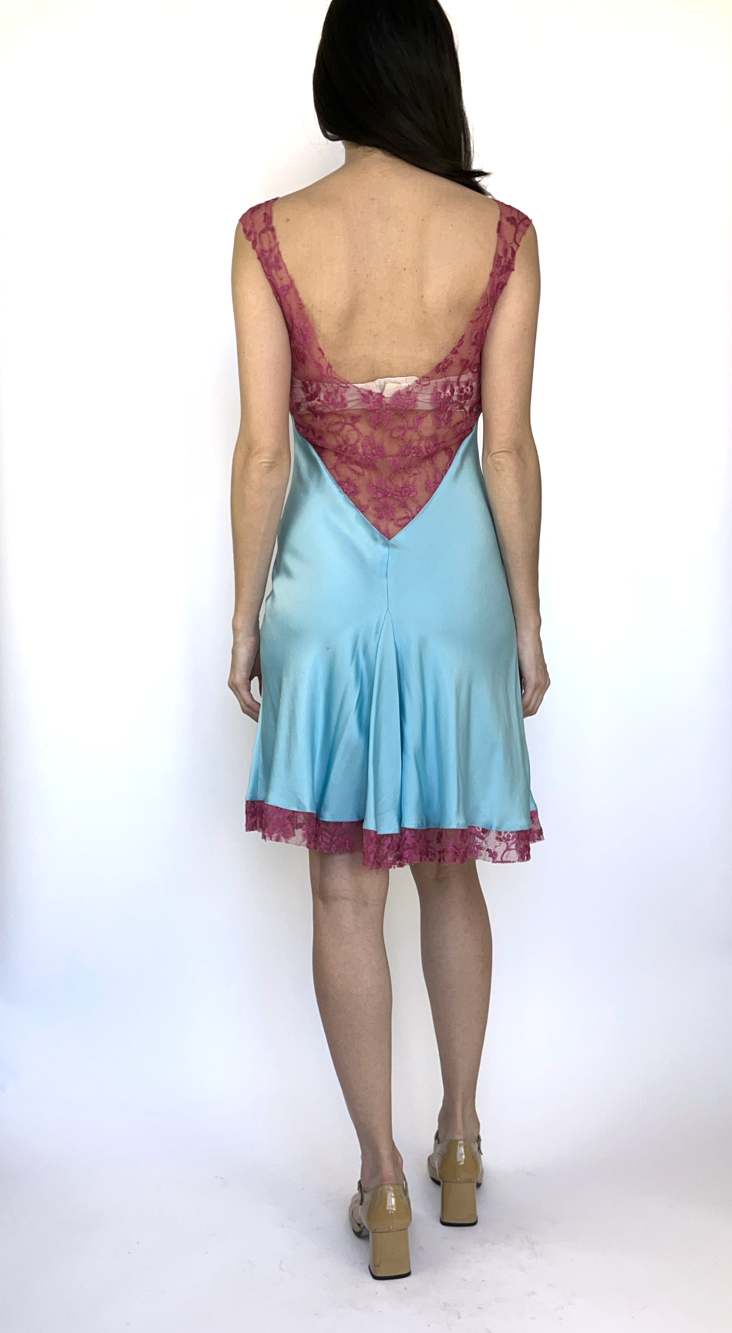 Italian Designer ~ Light Blue Silk Dress with Pink Lace Trim