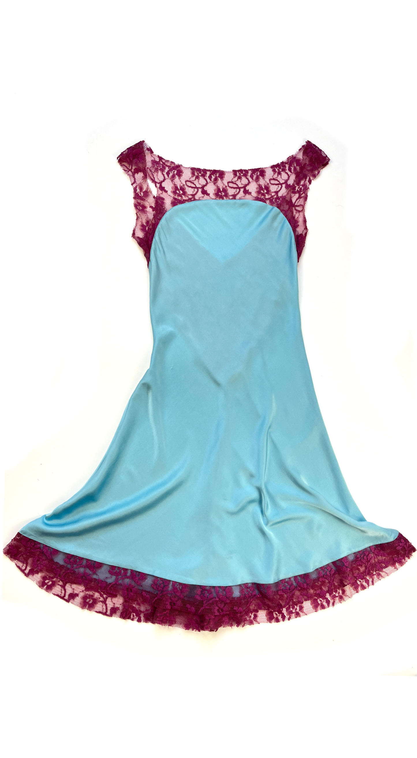 Italian Designer ~ Light Blue Silk Dress with Pink Lace Trim
