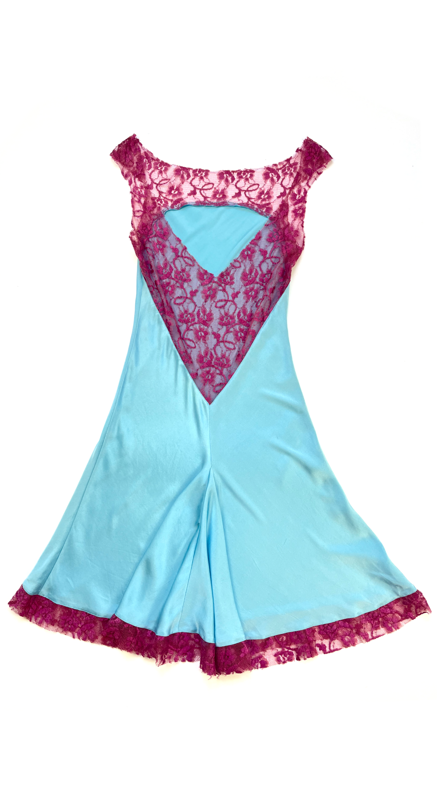 Italian Designer ~ Light Blue Silk Dress with Pink Lace Trim