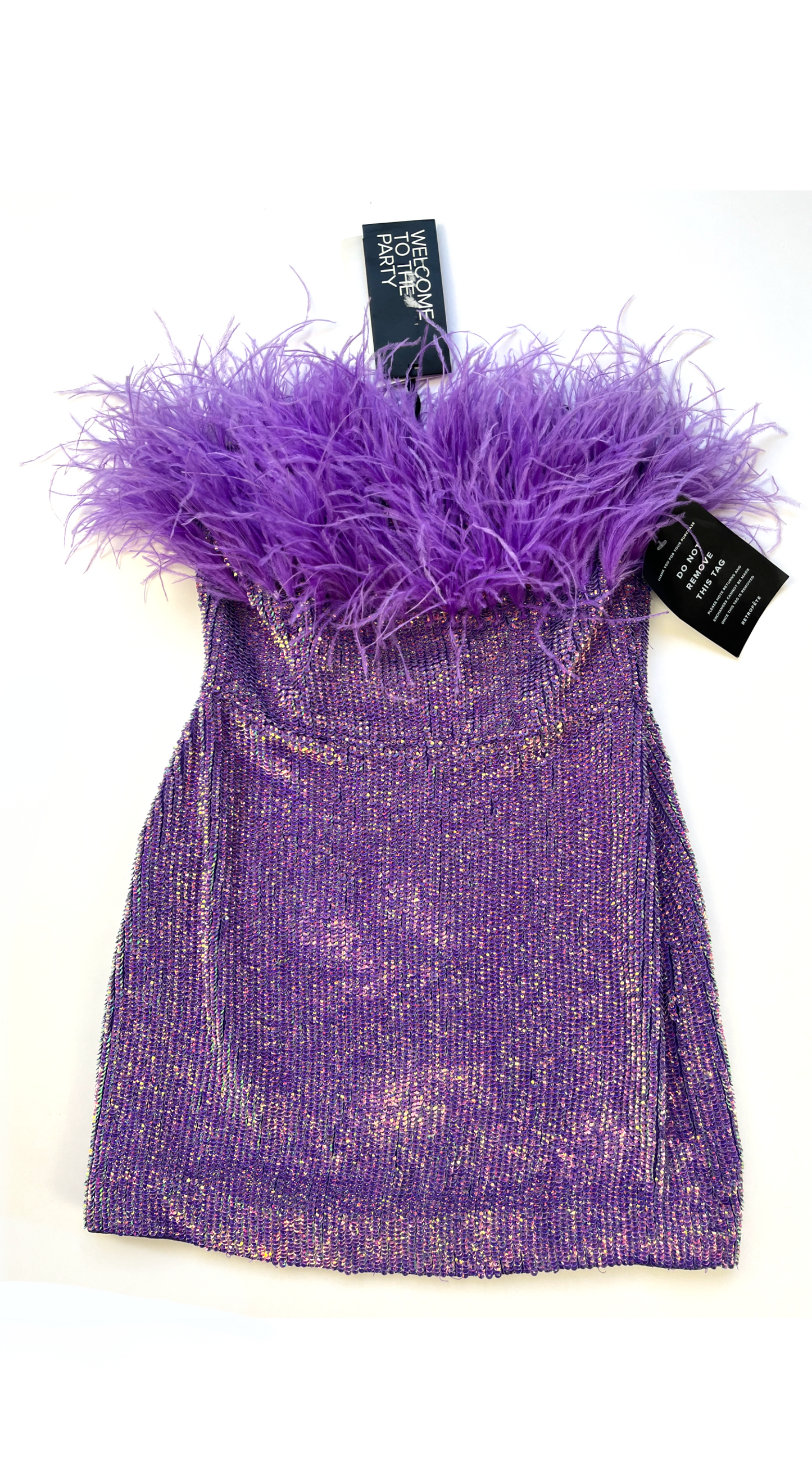 Retrofete ~ Metallic Lavender Sequin Ostrich Feather Dress