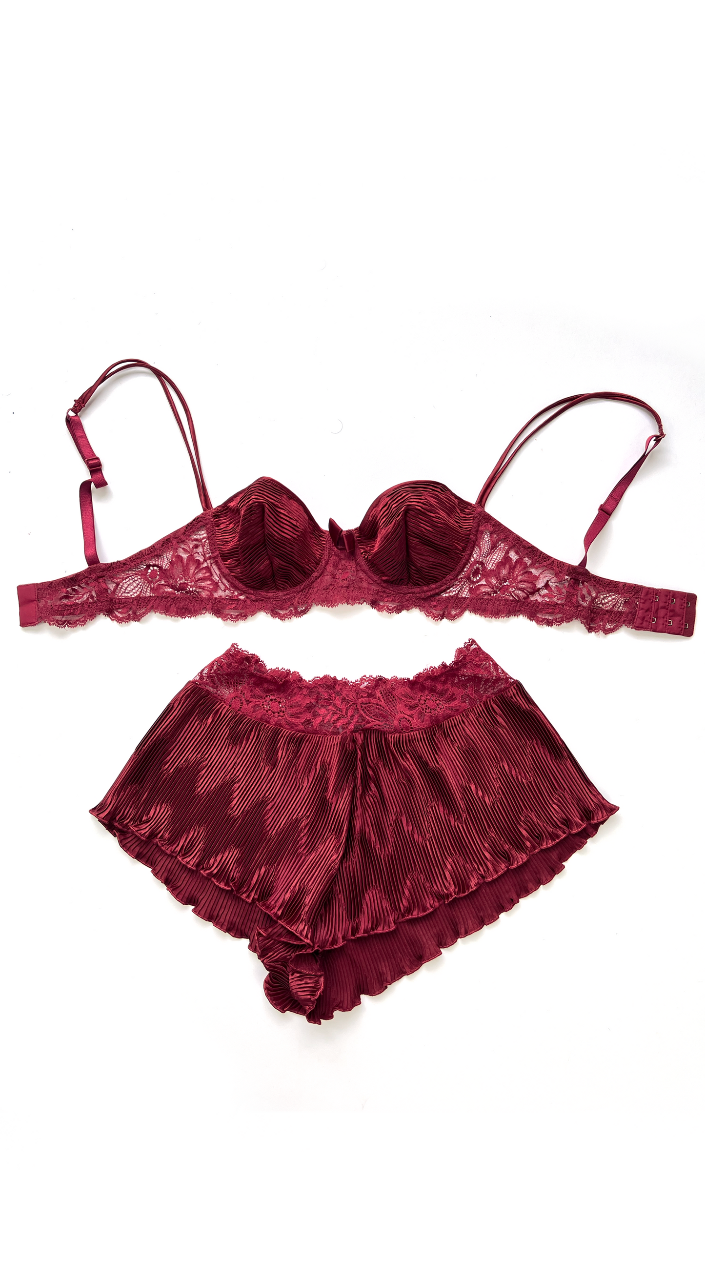 La Perla ~ 1987 Deep Red Pleated Satin & Lace Lingerie Set