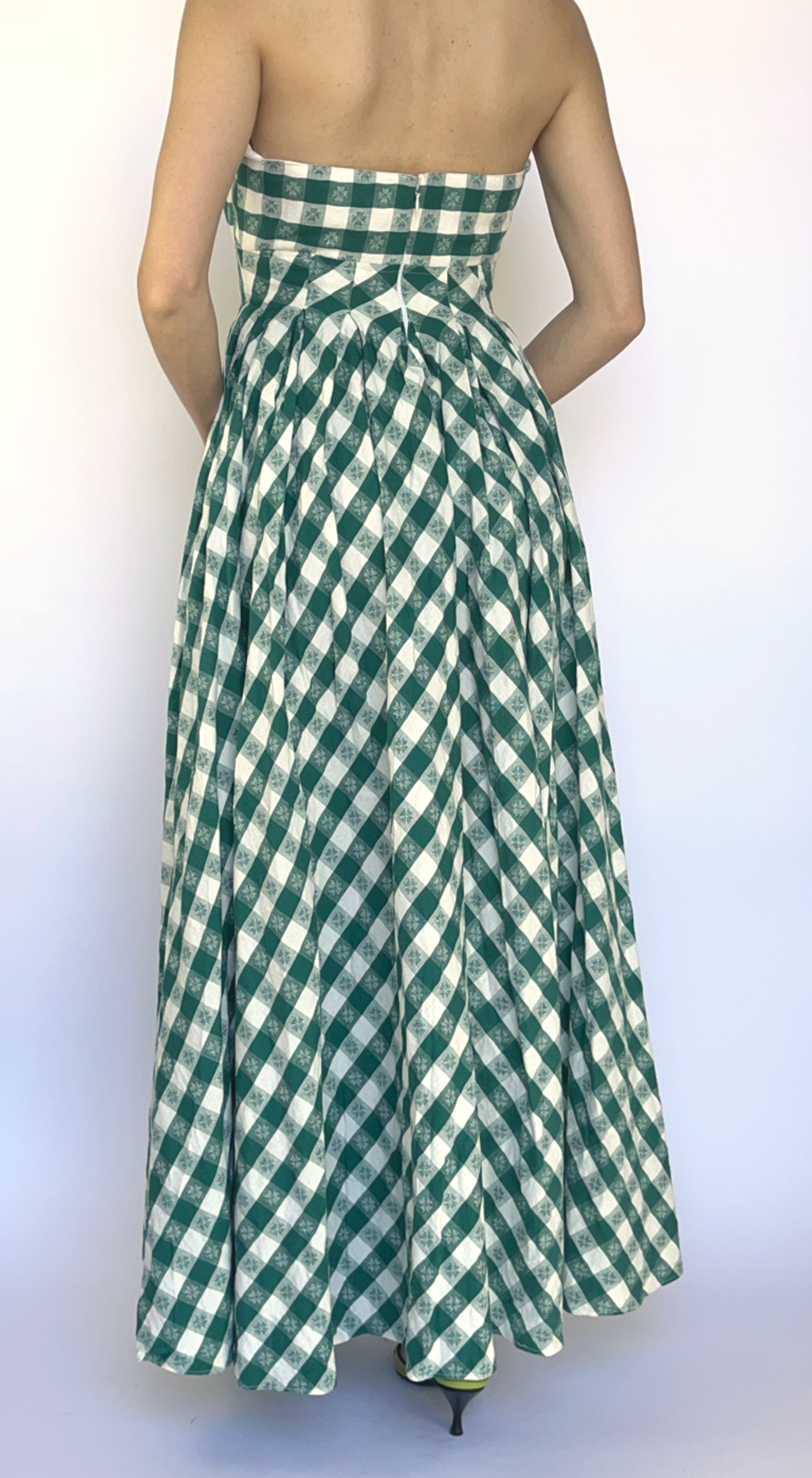DKNY ~ 90s Green & White Gingham Boned Corset Maxi Dress