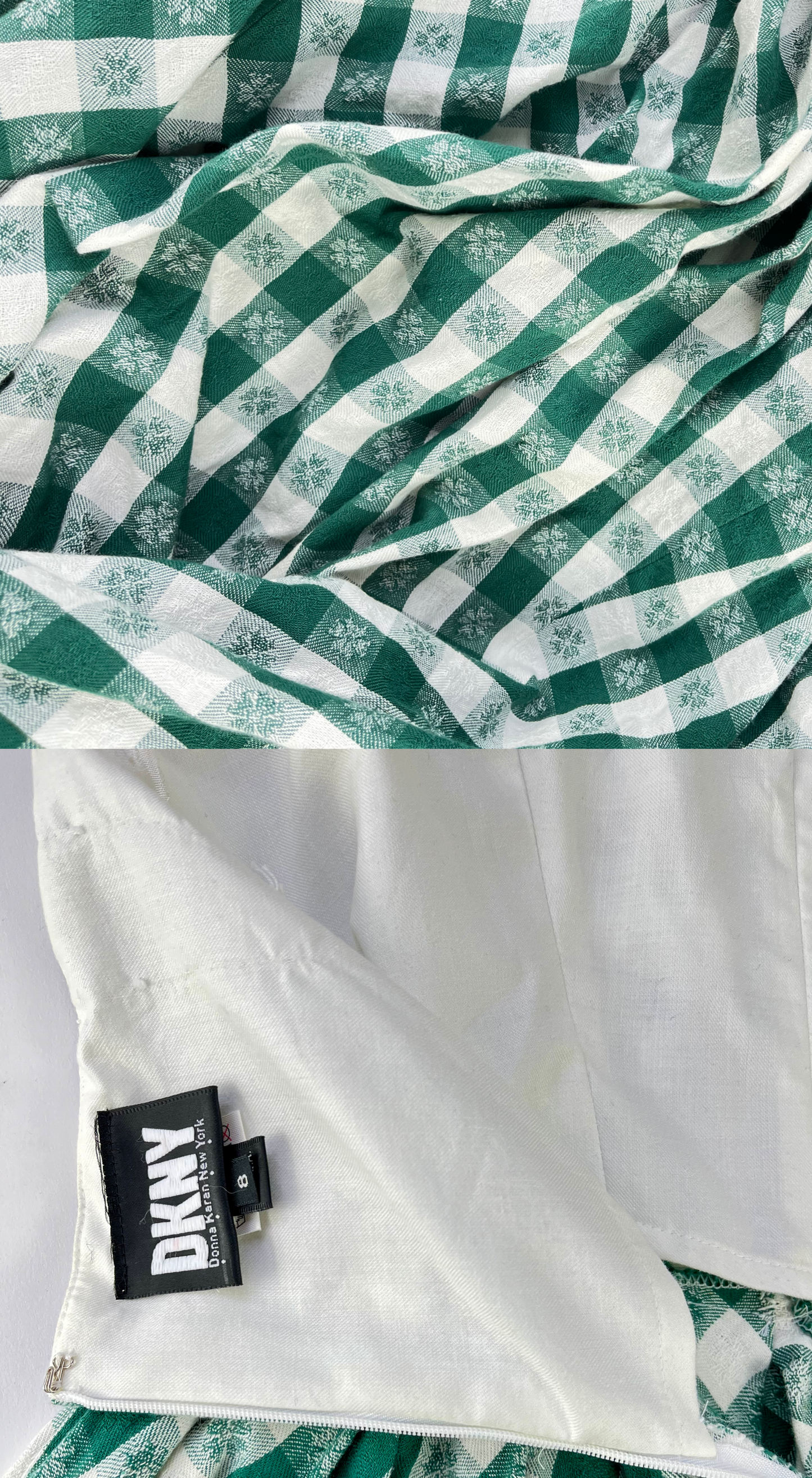 DKNY ~ 90s Green & White Gingham Boned Corset Maxi Dress