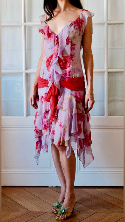 Tracy Feith ~ 2000s ruffled silk floral chiffon dress