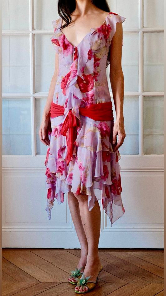 Tracy Feith ~ 2000s ruffled silk floral chiffon dress