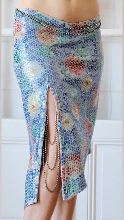 Voyage Y2K Luxury Iridescent Floral Sequin Skirt with Crystal Chain Details