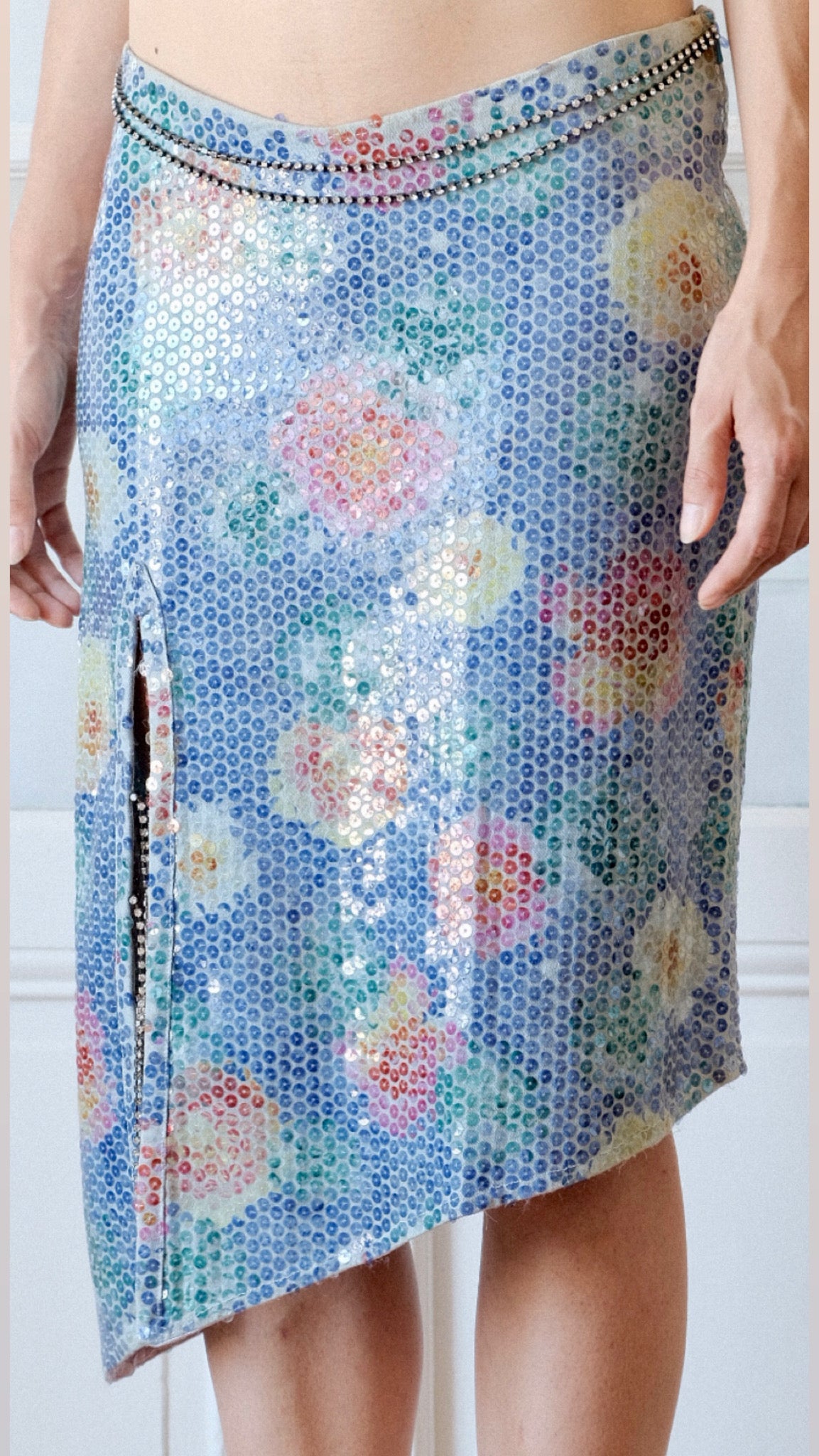 Voyage Y2K Luxury Iridescent Floral Sequin Skirt with Crystal Chain Details