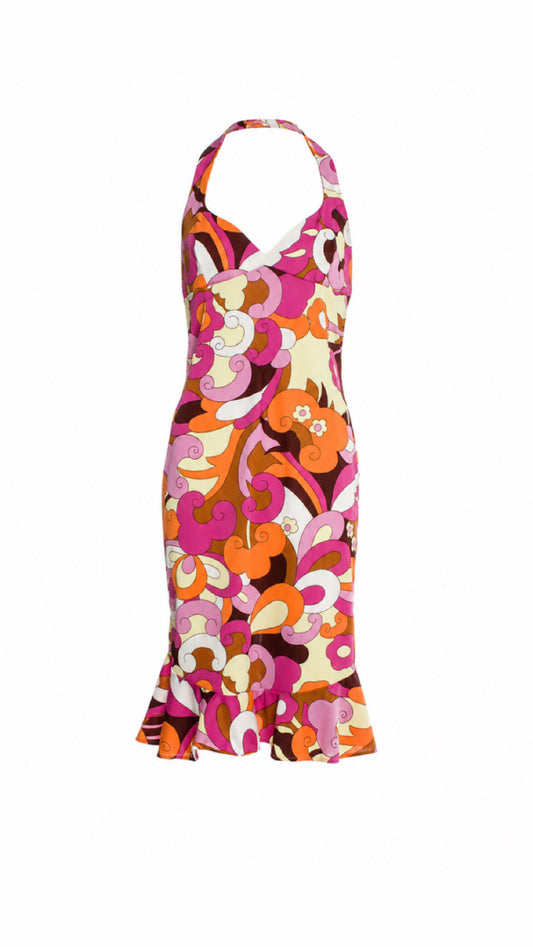 Dolce & Gabbana 2004 Y2K 60s Inspired Floral Psychedelic Halterneck Midi Dress