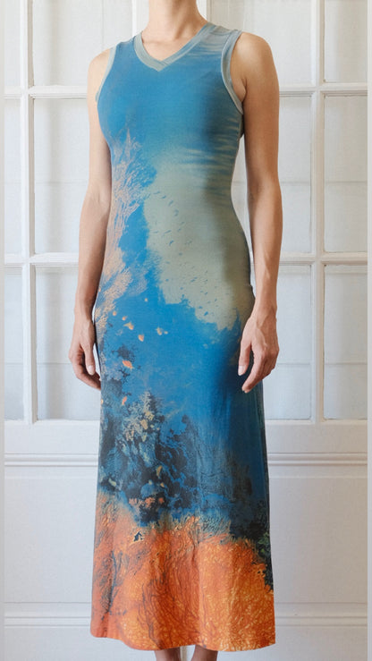 Roberto Cavalli 1990s Ocean Coral Reef Print Bodycon Maxi Dress