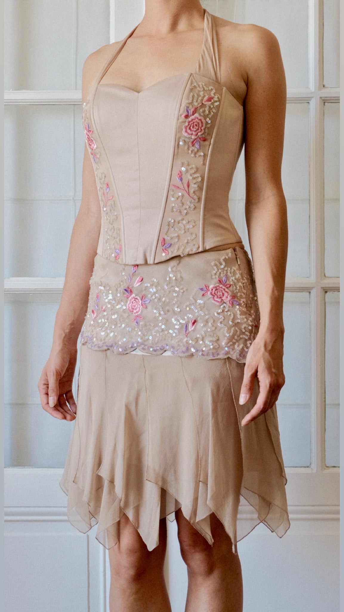 Italian Silk Corset & Skirt Set with Embroidered Silk Scarf - Floral Sequin Embellished Y2K Co-Ord
