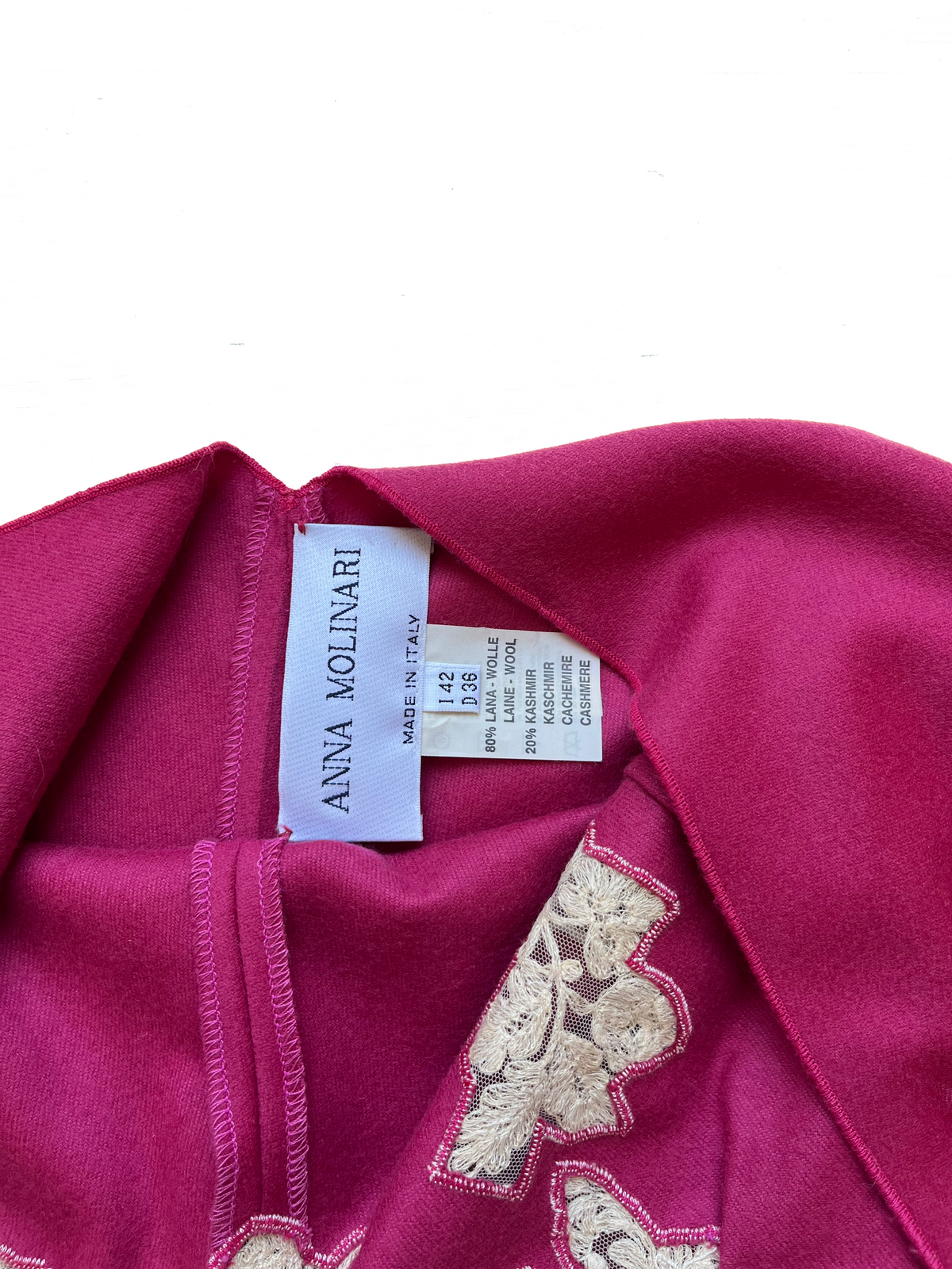 Anna Molinari FW 1998 Vintage Raspberry Pink Wool Cashmere Dress with Lace