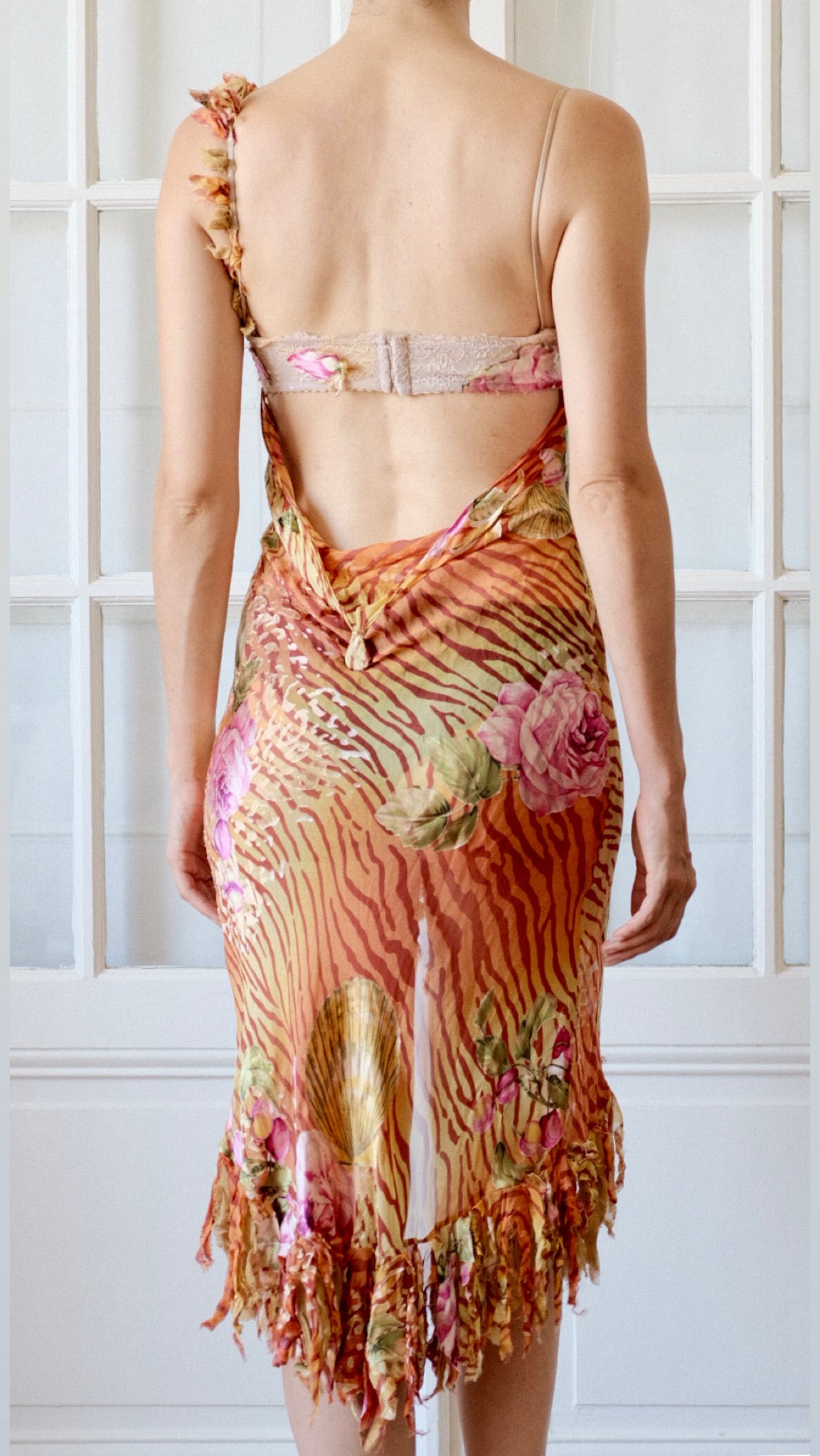 Panos Zinas Early 2000s Vintage Silk Embellished Asymmetric Dress - Floral Appliqué & Animal Print