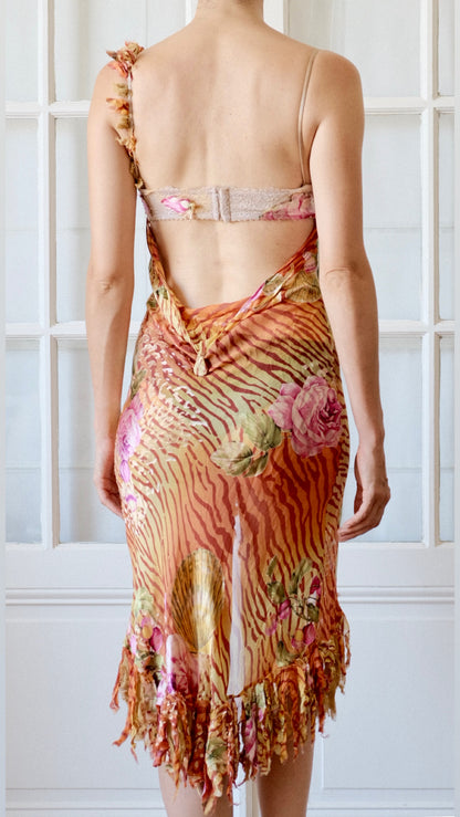 Panos Zinas Early 2000s Vintage Silk Embellished Asymmetric Dress - Floral Appliqué & Animal Print