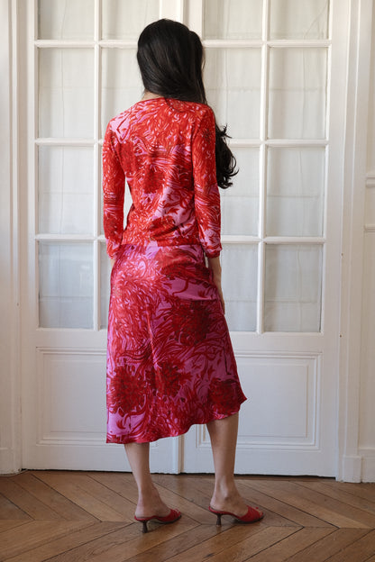 Anna Molinari ~ SS 2000 floral red pink silk skirt + cardigan + top (S-M)