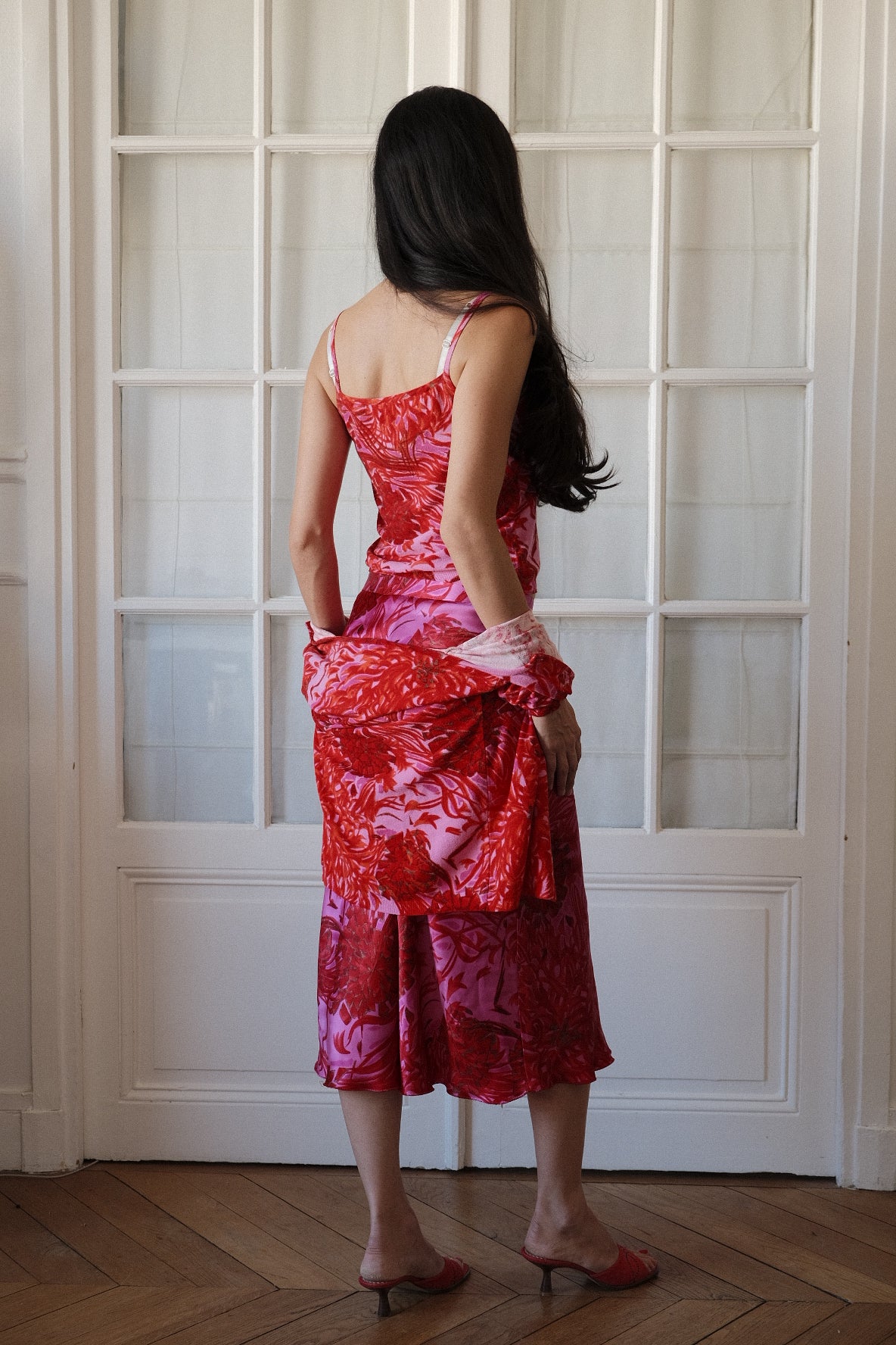 Anna Molinari ~ SS 2000 floral red pink silk skirt + cardigan + top (S-M)
