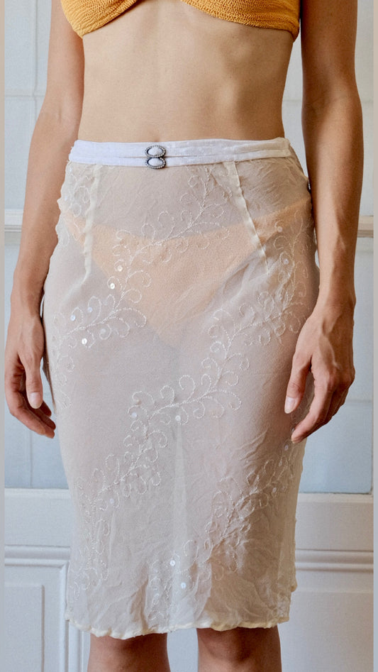 Voyage Y2K Semi-Sheer Embroidered Skirt with Crystal Buckle - Resort Luxury