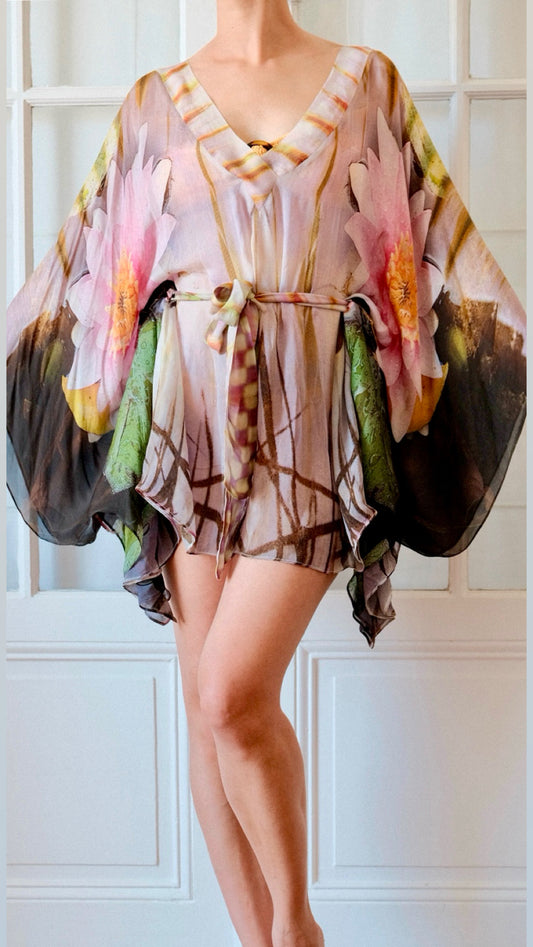 Roberto Cavalli 2006 Silk Water Lily Print Kaftan Dress - Batwing Sleeves