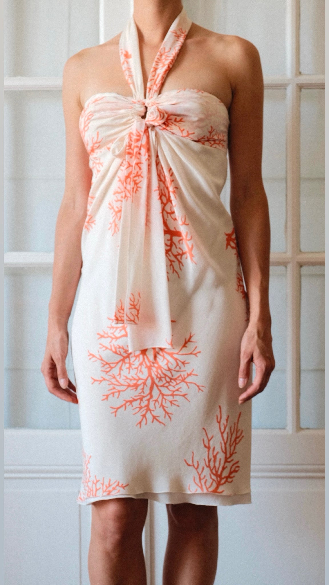 Valentino Roma Early 2000s Silk Chiffon Coral Print Halterneck Dress