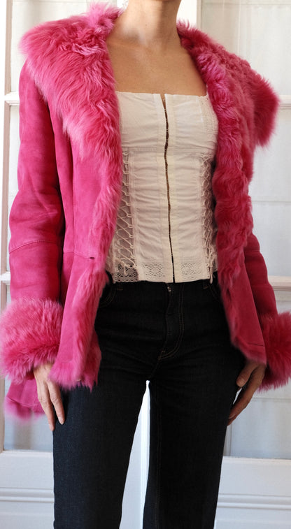 Escada Fuchsia Pink Lambskin Shearling Coat