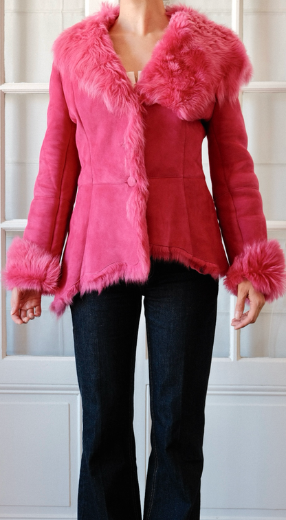 Escada Fuchsia Pink Lambskin Shearling Coat