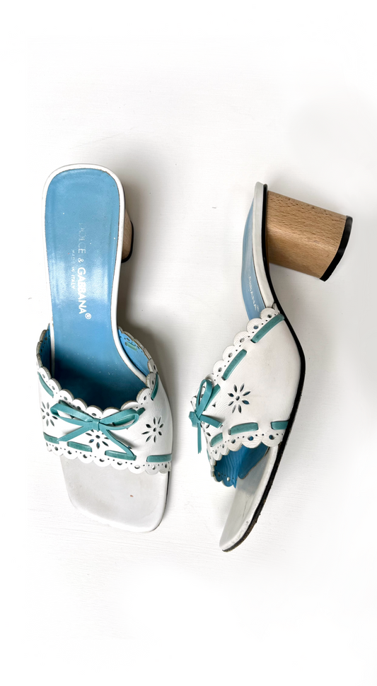 Dolce & Gabbana 1990s White & Blue Floral Eyelet Sandal Heels