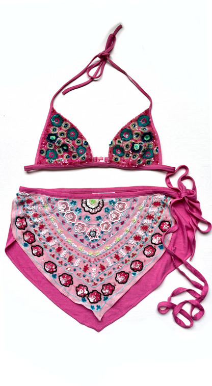 La Perla  ~ Vintage 2000s Pink Beaded Skirt & Bikini Top