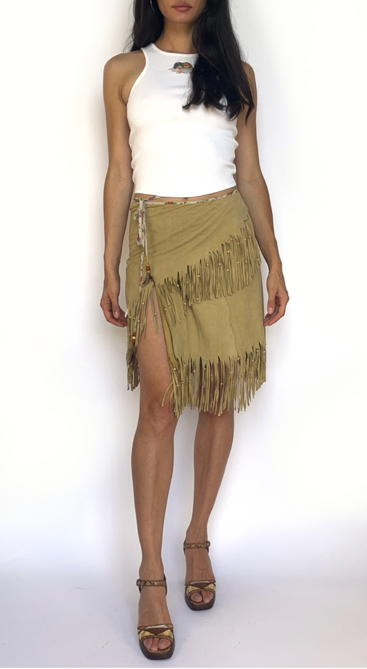 Dolce & Gabbana ~ Vintage 2000s Beige Suede Skirt with Fringes