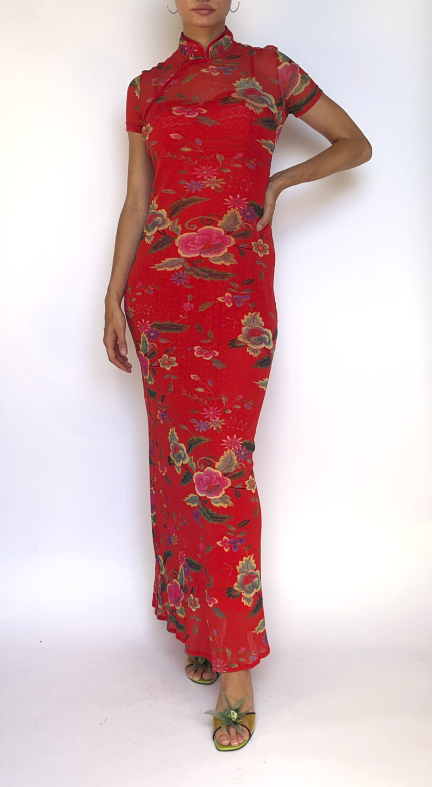 Vivienne Tam ~ 1990s Long Red Floral Mesh Dress